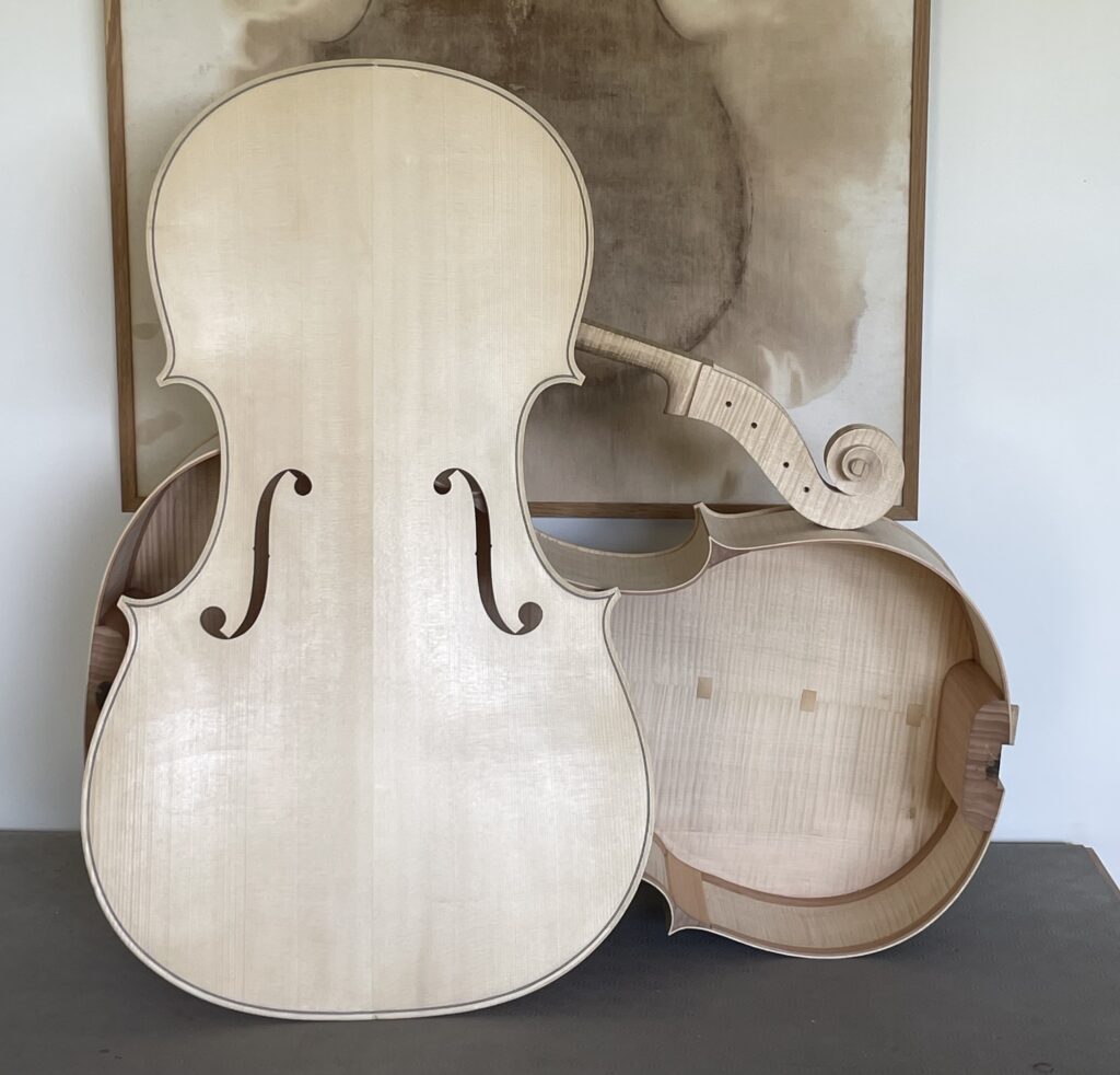 vue d'un violoncelle de robin villard luthier avant assemblage, table coffre et tête